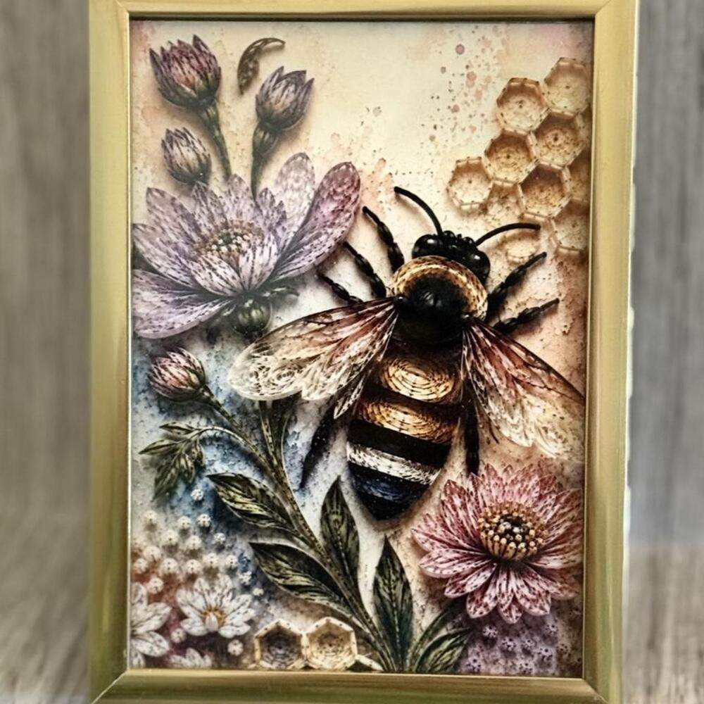 5x5 Vintage Bee & Wildflower Botanical Print in Gold Frame | Rustic Nature Wall